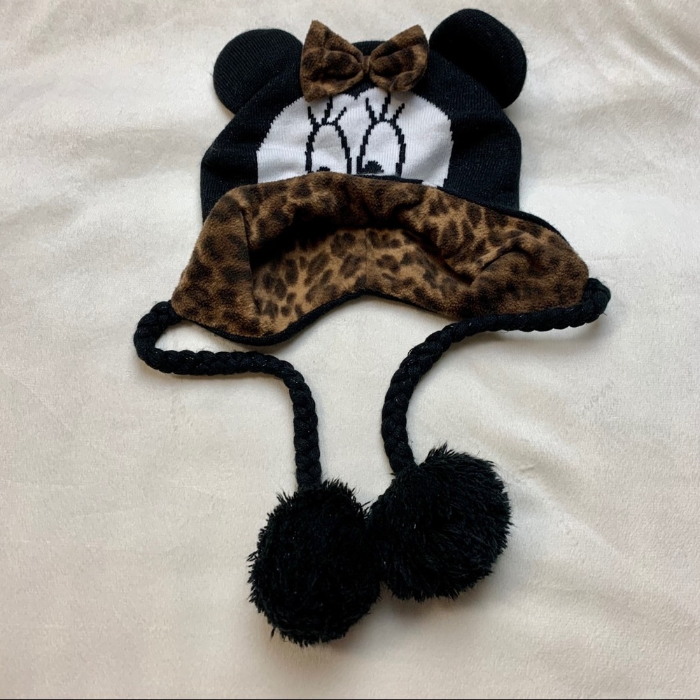 Walt Disney Mini Mouse Face with ears black white & Leopard print fleece Beanie - Picture 4 of 16